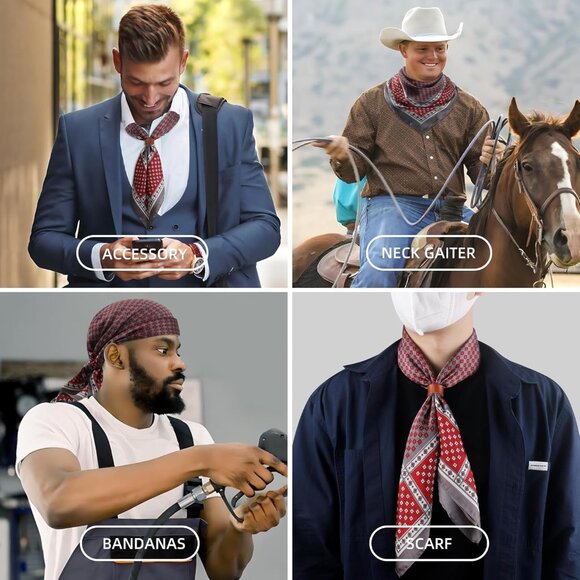 ⚡Men A-Gray Red Necktie 27.5 Inches Cowboy Scarves Pocket Square Silk Bandanas - Picture 8 of 8